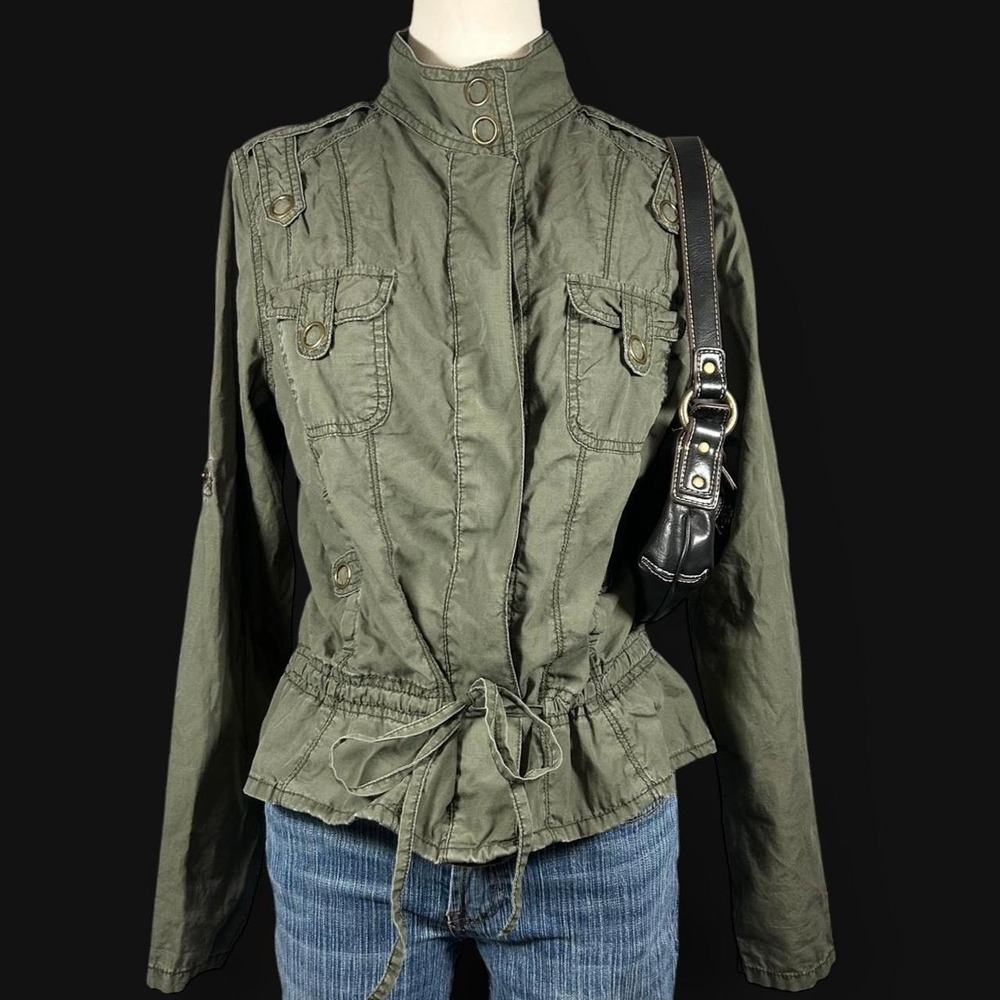 Y2K Mossimo Olive Green Military Style Jacket Waist Tie Mock Neck Womens M